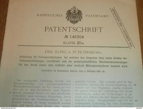 original Patent - Emil Illing in St. Petersburg / Russland , 4.10.1901 , Fernsprechanlage , Fernsprecher , Telephon  !!