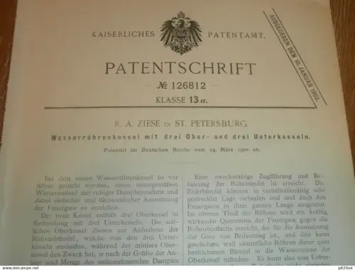 original Patent - R.A.Ziese in St. Petersburg / Russland , 23.03.1900 , Röhrenkessel , Dampfmaschine !!