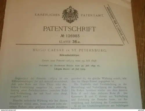 original Patent - Hugo Caesar in St. Petersburg / Russland , 30.07.1899 , Heizkörper , Heizungsbau , Heizung !!