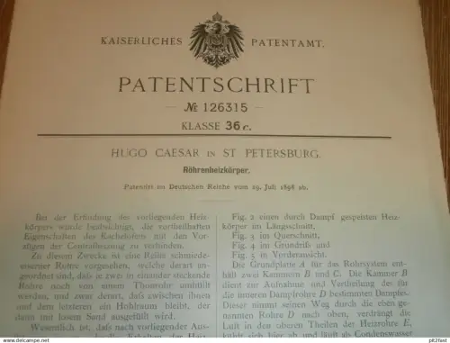 original Patent - Hugo Caesar in St. Petersburg / Russland , 29.07.1898 , Heizkörper , Heizungsbau , Heizung !!