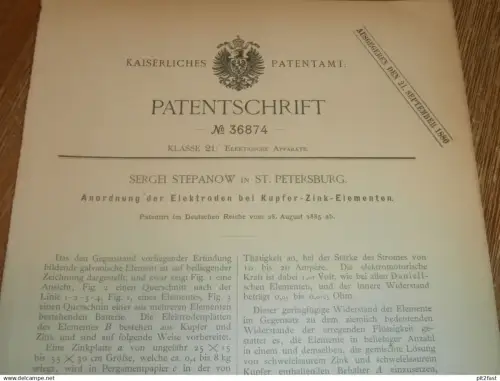 original Patent - Sergei Stepanow in St. Petersburg / Russland , 28.08.1885 , Galvanik , Zink , Elektrik !!