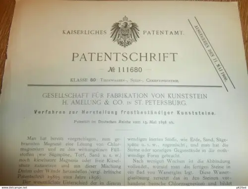 original Patent - H. Amelung & Co. in St. Petersburg / Russland , 15.05.1898 , Kunststein - Herstellung , Magnesit !!