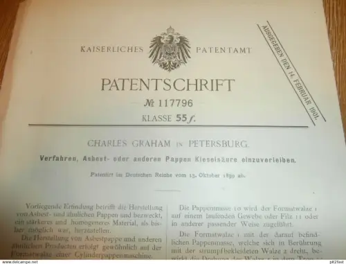 original Patent - Charles Graham in St. Petersburg / Russland , 13.10.1899 , Apparat für Asbest und Pappe !!