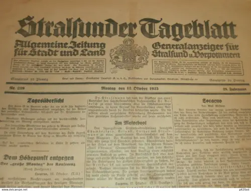 Tageblatt Stralsund , 12.10.1925 , Feuer in Niepars , Polizei Stralsund , Seidenbau , Velgast , Treptow a.T  Mecklenburg