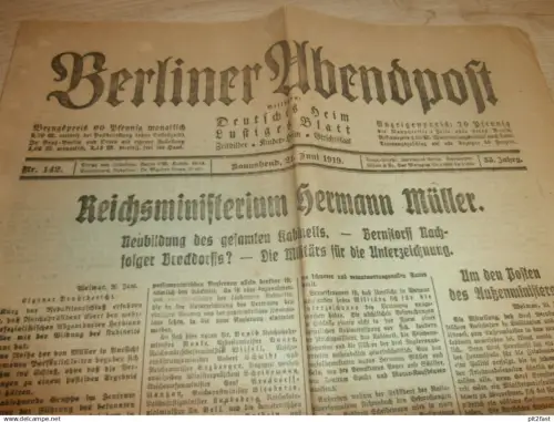 Berliner Abendpost , 21.06.1919 , Oranienburg , Dusslingen , Berlin , Breslau , Limonade , Reichskriegsministerium !!!
