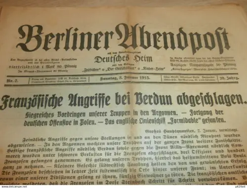 Berliner Abendpost , 3.01.1915 , Verdun , Zeppelin , Kaiser Wilhelm , Mobilmachung , Hindenburg , Erkeln b. Höxter !!!
