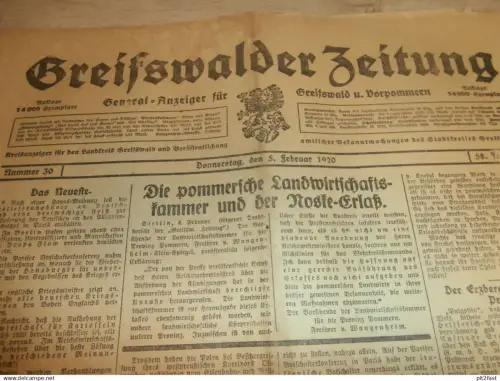 Zeitung Greifswald , 5.02.1920 , Jagdwild , Poggendorf , Reinberg , Grammendorf , Lubmin , Mecklenburg !!!