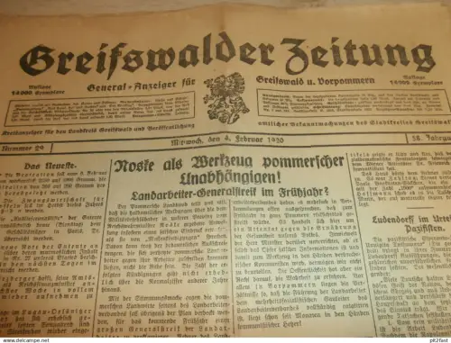 Zeitung Greifswald , 4.02.1920 , Potthagen , Lubmin , Zecherin b. Karnin , Stettin , Katzow , Mecklenburg !!!