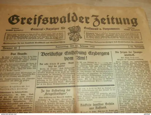 Zeitung Greifswald , 26.02.1920 , Grimmen , Lassan , Pelikan Tinte , Zinnowitz , Gnoien , Mecklenburg !!!