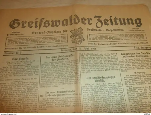 Zeitung Greifswald , 13.04.1920 , Brennstoffverteilung , Forstamt Putbus , Lassan , Hanshagen , Mecklenburg !!!