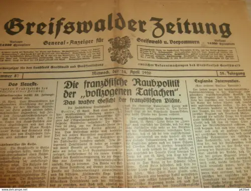 Zeitung Greifswald , 14.04.1920 , Schafe an Feindbund , Anklam , Ratzow , Gützkow , Lubmin , Lentschow , Mecklenburg !!!