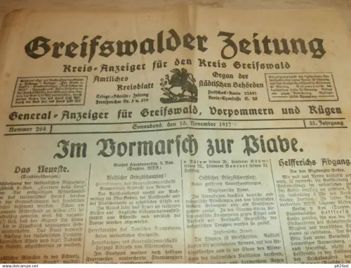 Zeitung Greifswald , 10.11.1917 , Gaza , Lodmannshagen , Briola , Cummerow , Stralsund , Mecklenburg !!!