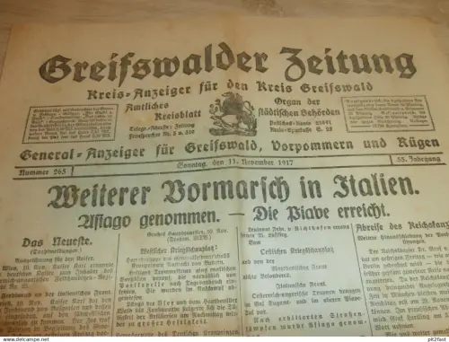 Zeitung Greifswald , 11.11.1917 , Ehrentafel der Mecklenburger , Anklam , Gützkow , Eldena , Subzow , Mecklenburg !!!