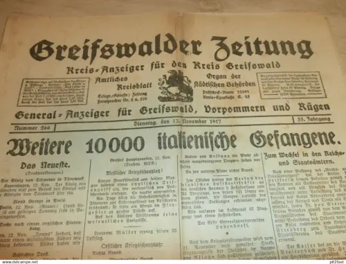Zeitung Greifswald , 13.11.1917 , ital. Gefangene , Bartmannshagen , Lutherhof , Osram , Mecklenburg !!!