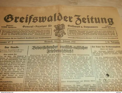Zeitung Greifswald , 25.02.1920 , Dr. Kähler , Landwitschaft , 2. Marine-Brigade , Klein Spiegel , Mecklenburg !!!