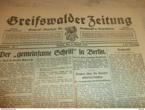 Zeitung Greifswald , 5.08.1921 , Goldwertsteuer , Güldenring Neuerburg , Lühmannsdorf , Jagdkrug , Mecklenburg !!!