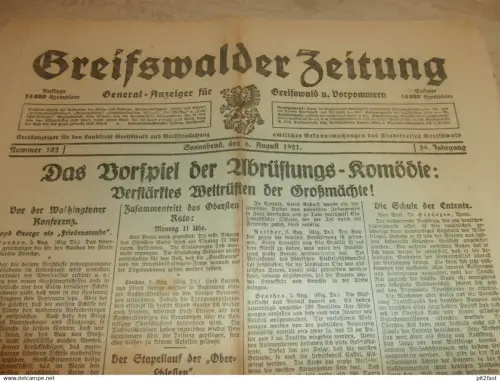 Zeitung Greifswald , 6.08.1921 , Wettrüsten der Großmächte , Kreuzer Königsberg , Zemitz , Barth , Mecklenburg !!!