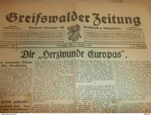 Zeitung Greifswald , 7.08.1921 , Demmin , Grimmen , Ludwigsruh , Stubbenkammer , Arbeiterstreik in Mecklenburg !!!