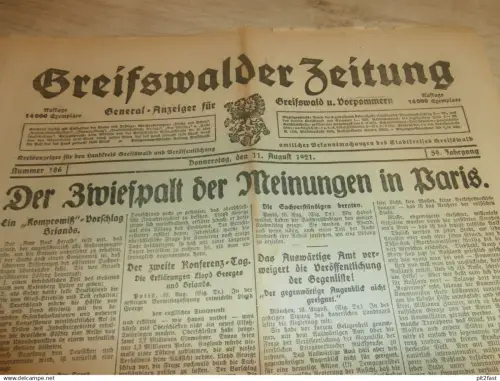 Zeitung Greifswald , 11.08.1921 , Lassan , Norddeutscher Lloyd , Löwitz i. Pommern , Mecklenburg !!!