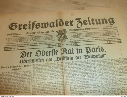 Zeitung Greifswald , 10.08.1921 , Oberschlesien , Imker , Loitz , Lühmannsdorf , Bergen , Gloedenhof , Mecklenburg !!!