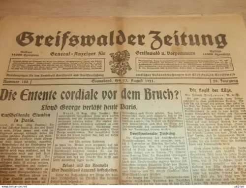 Zeitung Greifswald , 13.08.1921 , Hanshagen , Dampfer Saßnitz / Stubbenkammer , Vereinigte Wehrvereine , Mecklenburg
