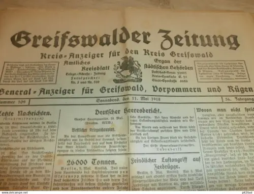 Zeitung Greifswald , 11.05.1918 , Heeresbericht , Cröslin , Lassan , Guest , Ludendorff - Spende , Mecklenburg