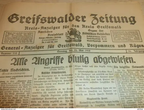 Zeitung Greifswald , 12.05.1918 , Ehrentafel Kreise Greifswald / Grimmen , Polizei , Zemlin b. Gülzow , Mecklenburg