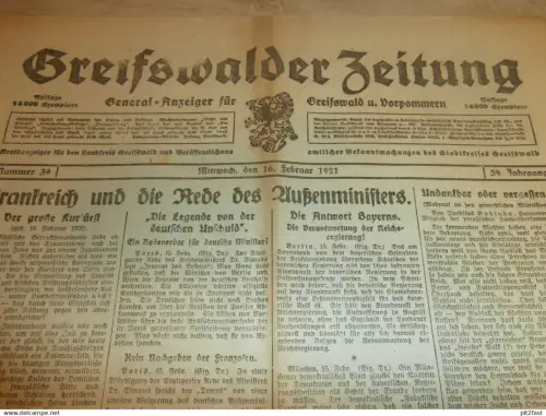 Zeitung Greifswald , 16.02.1921 , wählt Deutschnational , Wahl , Parteiaufstellung , Neuenkirchen , Ranzin , Mecklenburg