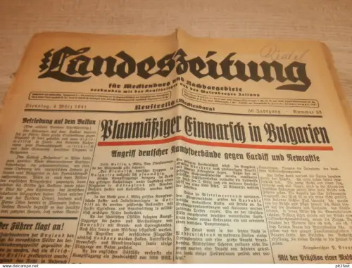 Zeitung Neustrelitz , 4.03.1941 , Einmarsch in Bulgarien , Brandbomben , meckl. Landvolk , Zierke , Mecklenburg