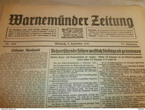 Zeitung Warnemünde , 9.9.1942, Stalingrad , NSFK-Führer in Warnemünde , NS - Schönberg , Wismar , Rostock , Mecklenburg