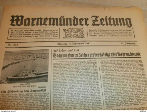 Zeitung Warnemünde , 8.9.1942, Bomben auf Stalingrad , Panzerjäger , Bad Doberan ,Motorstandarte Rostock , Mecklenburg