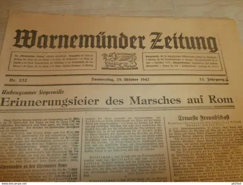 Zeitung Warnemünde , 29.10.1942, Marsch auf Rom , Neustrelitz , Malchin , NS-Frauenschaft , Rostock , Mecklenburg