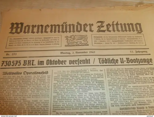 Zeitung Warnemünde , 30.11.1942, U-Boote , Gauleiter in Parchim , Malchin , Neubrandenburg , Rostock , Mecklenburg