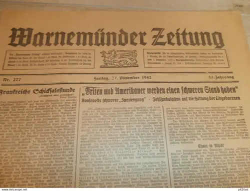 Zeitung Warnemünde , 27.11.1942, Schiffe , U-Boote , Abwehrkämpfe im Schneesturm , Rostock , Mecklenburg