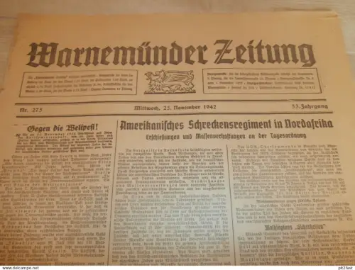 Zeitung Warnemünde , 25.11.1942, Flammenwerfer , Maschinengewehre , Luftschutzkoffer , Rostock , Mecklenburg