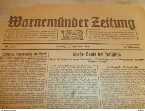 Zeitung Warnemünde , 23.11.1942, U-Boote , Ritterkreuz ,Volksdeutsche aus Kroatien , Waren Müritz Rostock , Mecklenburg