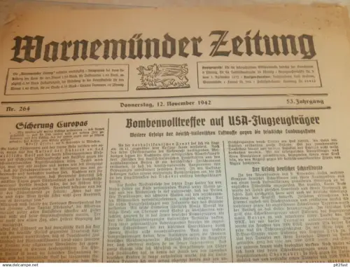 Zeitung Warnemünde , 12.11.1942, Flugzeugträger , U-Boote , Sonderzuweisungen, Lichtspiele , Rostock , Mecklenburg