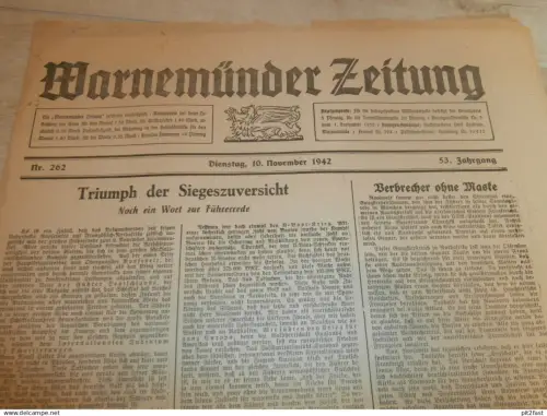 Zeitung Warnemünde , 10.11.1942, Langemarck , Erntejahr , eiserne Sparer , Rostock , Mecklenburg