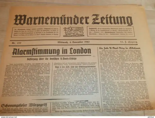 Zeitung Warnemünde , 4.11.1942, Panzer , Luftschutz , Arado , Plattdütsch in Rostock , Mecklenburg