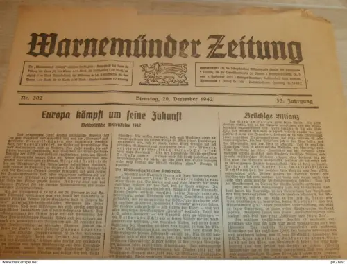 Zeitung Warnemünde , 29.12.1942, Panzer , Polizei zu Sylvester , Todesstrafe in Rostock , Mecklenburg