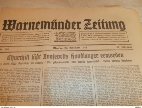 Zeitung Warnemünde , 28.12.1942, Todesstrafe in Ludwigslust , Weihnachten im Theater Rostock , Mecklenburg
