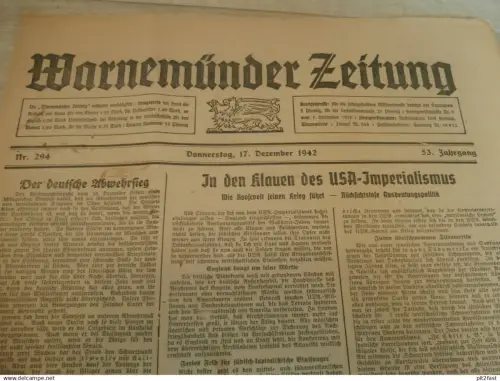 Zeitung Warnemünde , 17.12.1942, Blücher-Katalog , Verdunkelung , Rostock , Mecklenburg