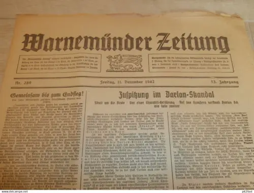 Zeitung Warnemünde , 11.12.1942, Bombe im Krankenhaus Rothenburgsort , Grabow , Blücher in Rostock , Mecklenburg