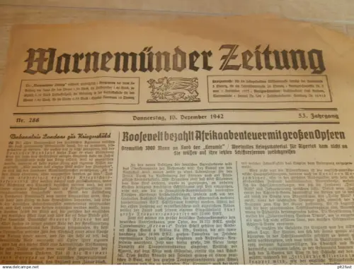 Zeitung Warnemünde , 10.12.1942, Fallschirmjäger , Flak , Kühlungsborn , Parteiarbeit in Rostock , Mecklenburg