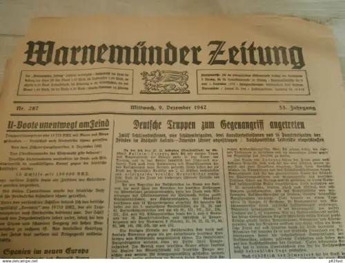 Zeitung Warnemünde , 9.12.1942, U-Boote , Panjewagen , Flak in Wismar , Todesstrafe in Rostock , Mecklenburg