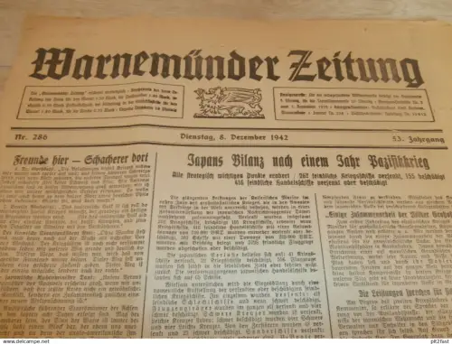 Zeitung Warnemünde , 8.12.1942, Stavenhagen , Crivitz , Friedland , Lübtheen , Röbel , Parchim , Rostock , Mecklenburg