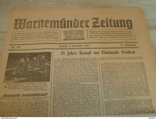 Zeitung Warnemünde , 4.12.1942 , Finnland , Panzer , Zuchthaus , Greifswald , Neustrelitz , Rostock , Mecklenburg !!