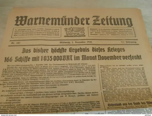 Zeitung Warnemünde , 2.12.1942 , Schiffe , Flugzeuge , Güstrow , Wismar , Parchim  Rostock , Mecklenburg !!