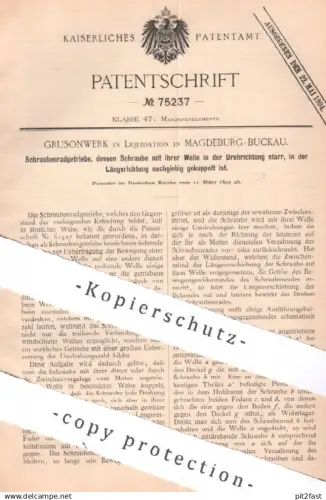 original Patent - Grusonwerk in Liquidation , Magdeburg / Buckau , 1893 , Schraubenradgetriebe | Getriebe , Motoren