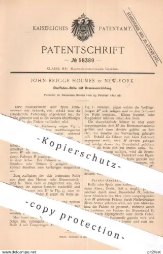 original Patent - John Briggs Holmes , New York , USA | 1891 | Bindfaden-Rolle mit Bremse | Spule , Faden , Band , Garn
